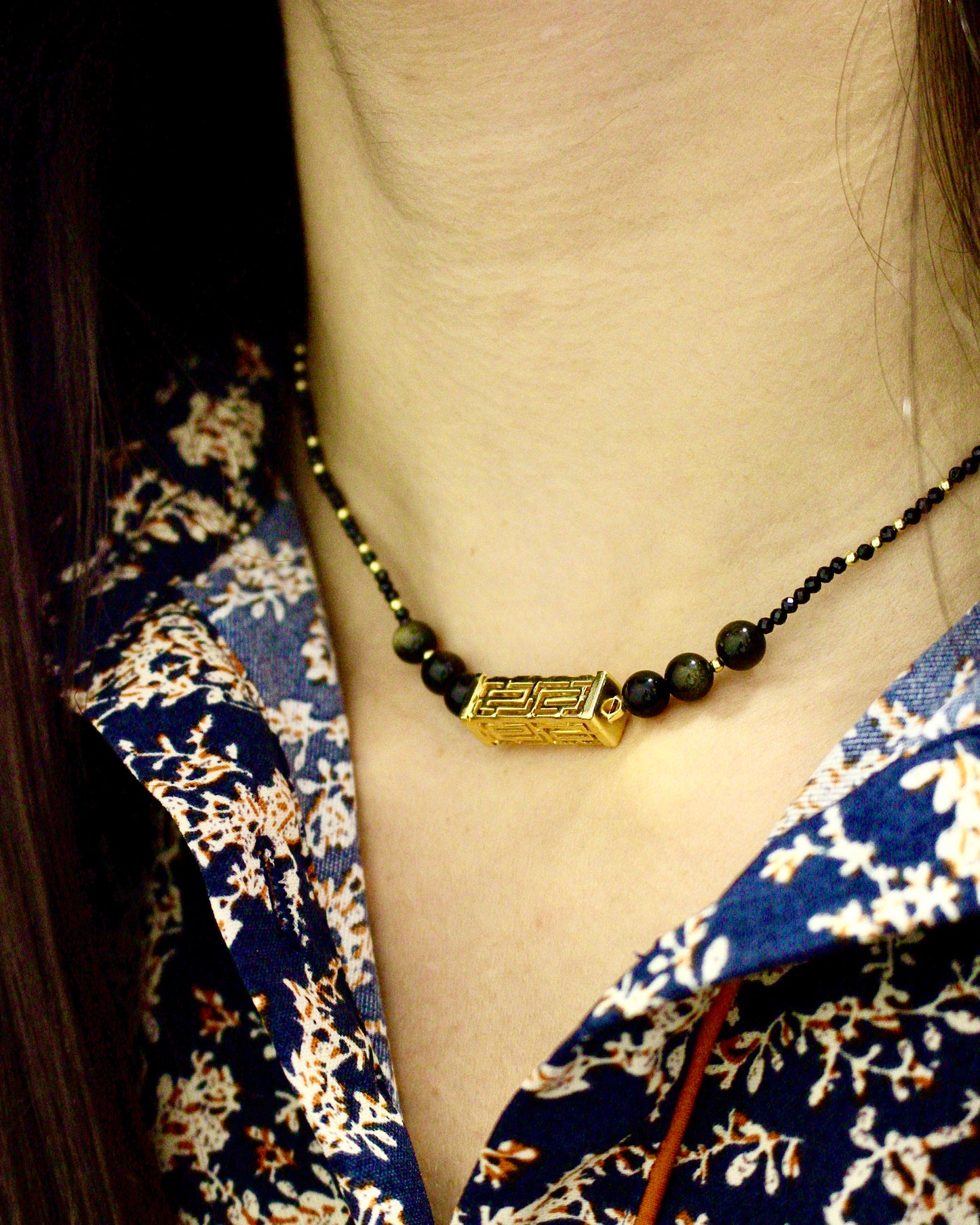 Collier « Harmonie » en Spinelle et Obsidienne