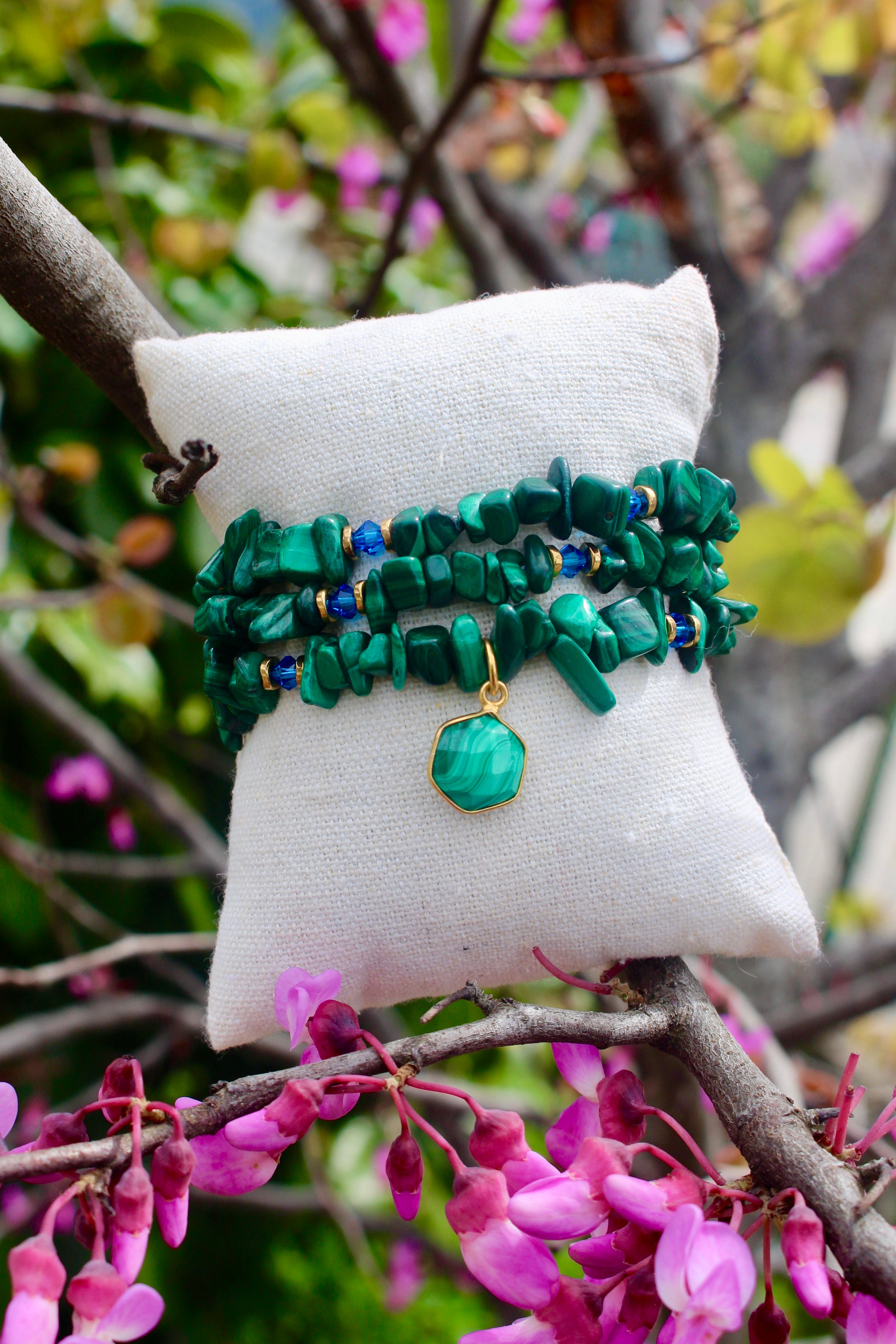 Bracelet « Triple Gemme » Malachite et Swarovski