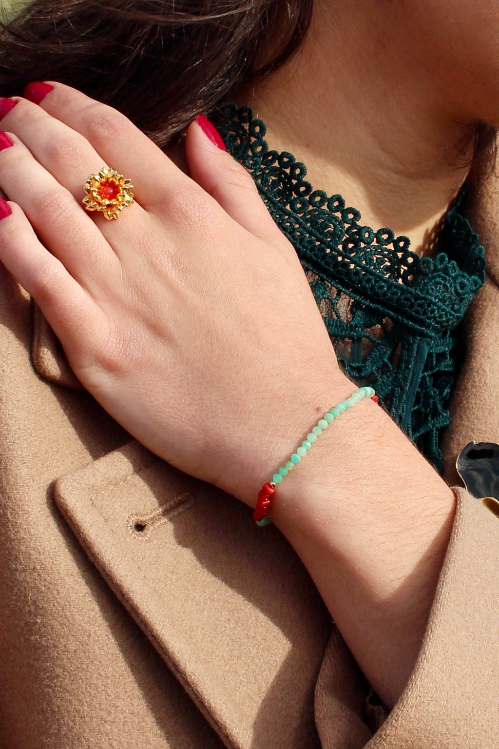 Bracelet « Bonifaziu » émeraude et Corail de Bonifacio