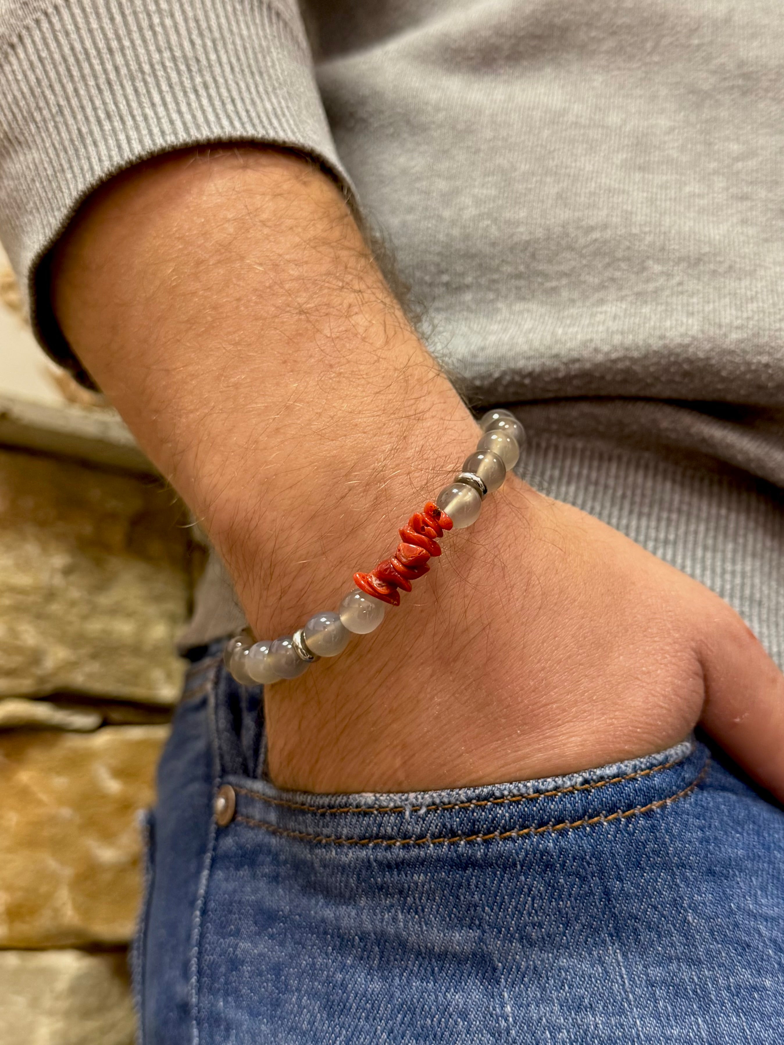 Bracelet « Urbain » Agate grise et Corail de Bonifacio