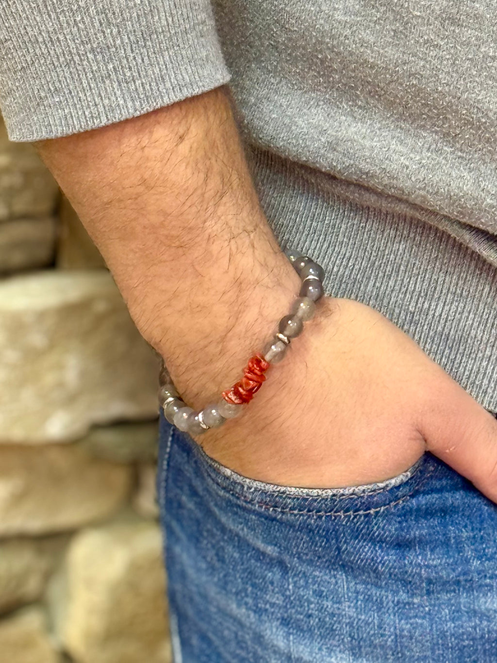 Bracelet « Urbain » Agate grise et Corail de Bonifacio