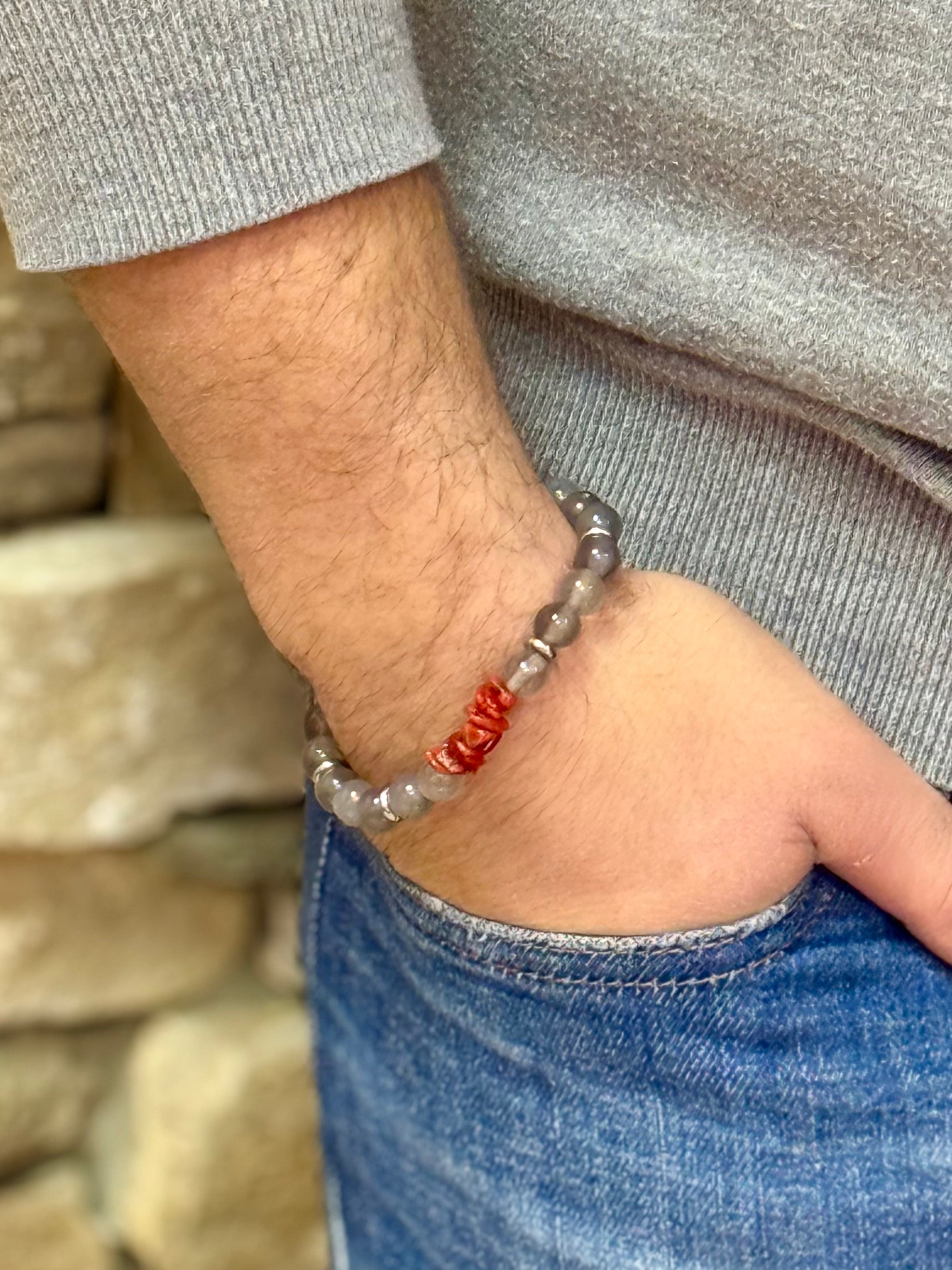 Bracelet « Urbain » Agate grise et Corail de Bonifacio